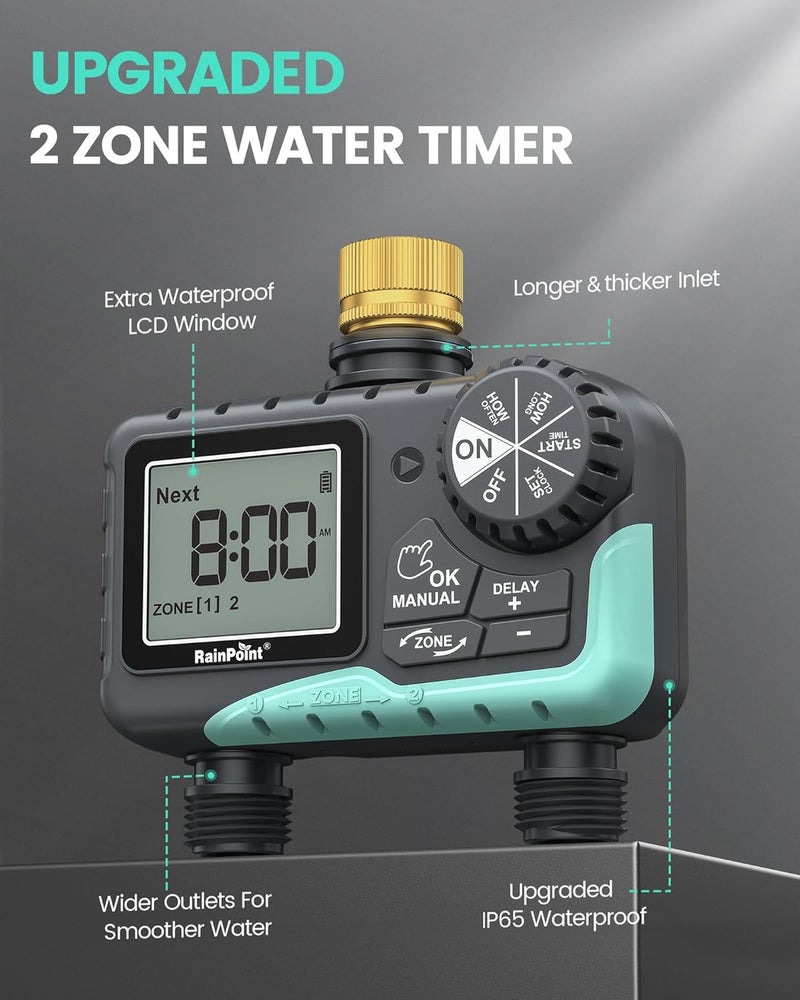 RAINPOINT Sprinkler Timer 2 Outlet, Water Timer for Garden Hose, for Yard Outdoor Watering, Rain Delay/Manual/Automatic System Controller Brass Inlet, V2 - Image 2